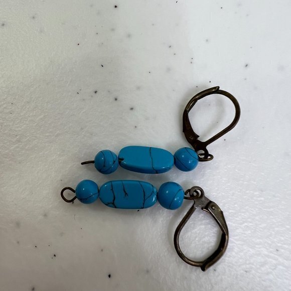 Blue Beaded Earrings Faux Turquoise Gold Tone Boho Southwestern Native Look - Picture 3 of 4